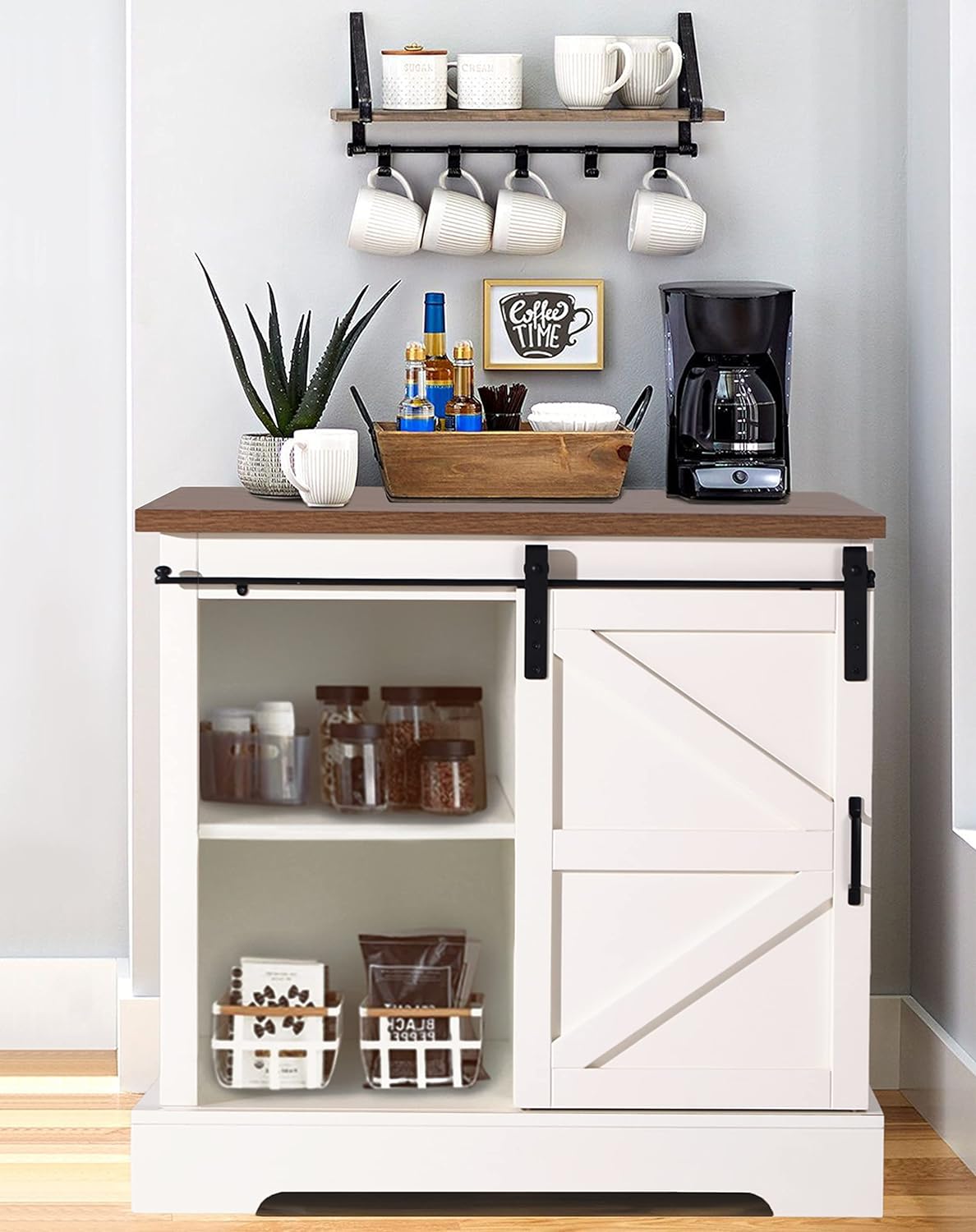 PHI VILLA Farmhouse Coffee Bar Cabinet - Sliding Barn Door Kitchen Sideboard Buffet Cabinet with Storage