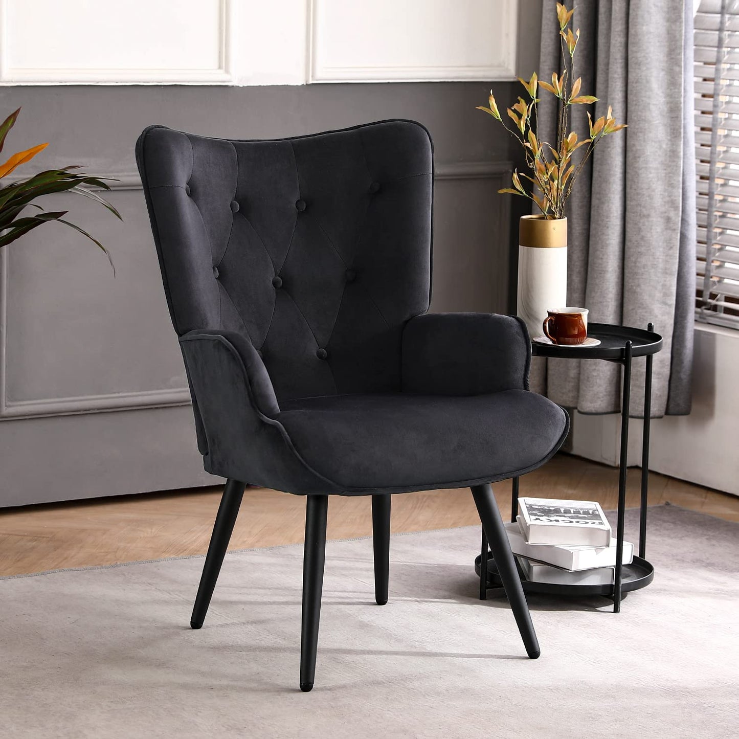 Furniliving Velvet Accent Chair Modern Upholstered Side Armchair with Tapered Legs Tufted Button Wingback Sofa Chairs Tall Back Reading for Living Room Bedroom Waiting Room, Black