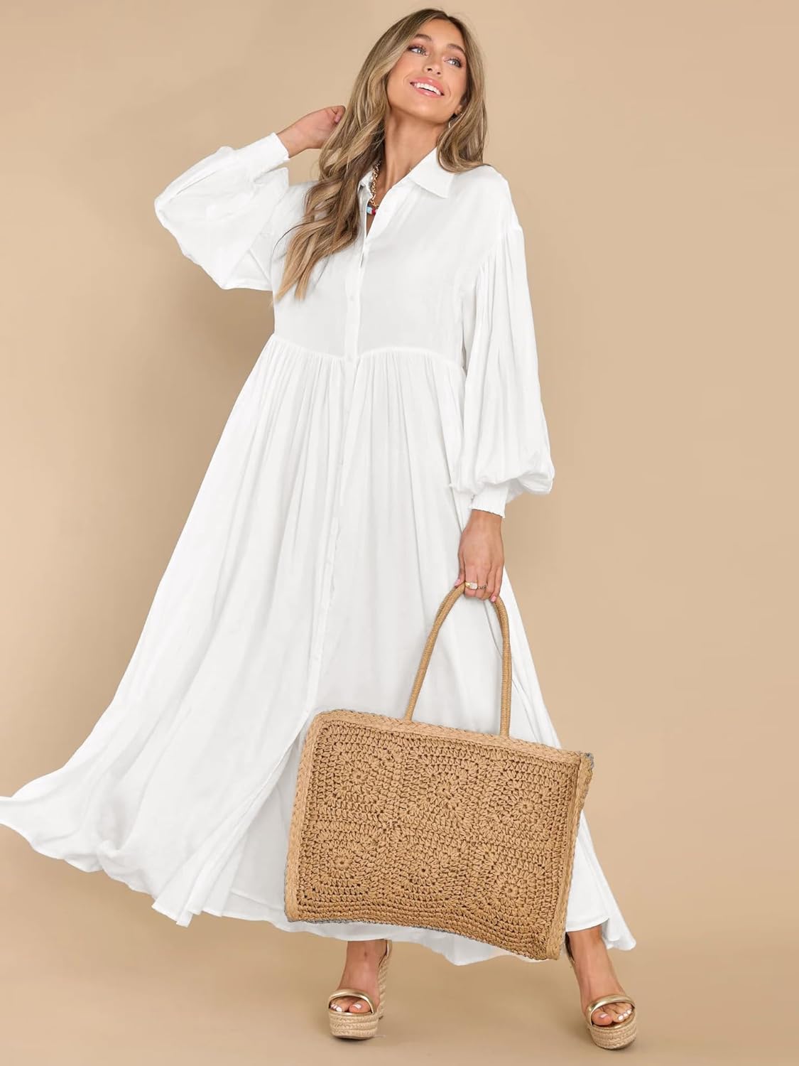 Women's Maxi Shirt Dress Button Down Long Sleeve Casual Flowy A-line Long Dress