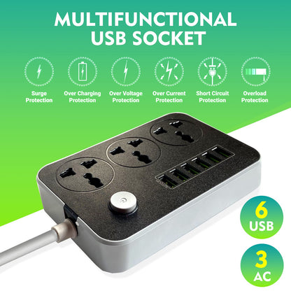 SKY-TOUCH Power Strips Extension Cord 3 Outlets, Power Socket with 6 USB Ports Universal Charging Socket with 2M Bold Extension Cord