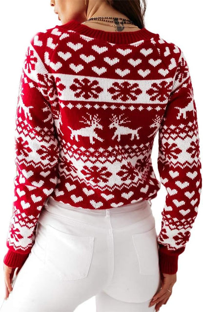 Women Sweater Christmas Oversized Pullover Sweaters Reindeer Snowflake Graphic Long Sleeve Crew Neck Knit Tops