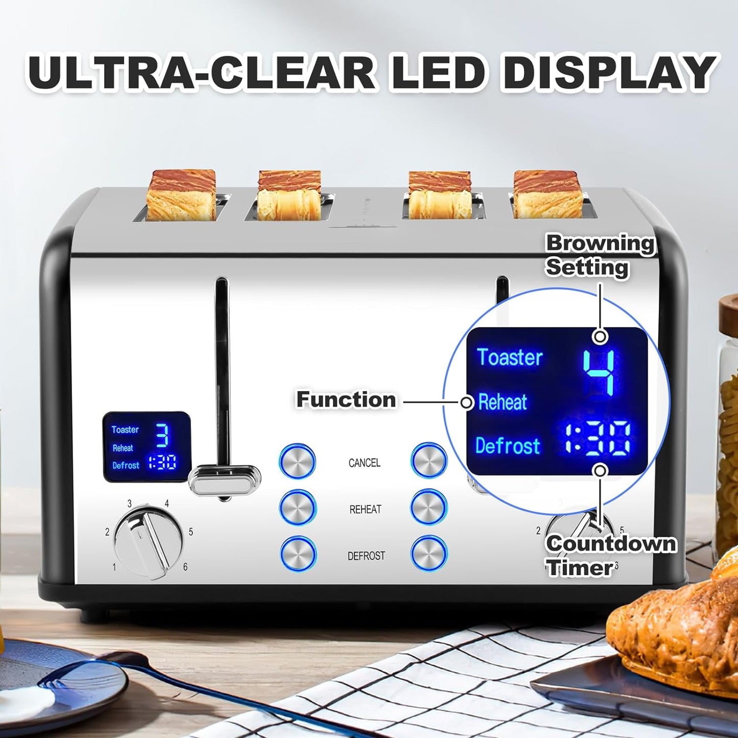 CUSIMAX 4 Slice Toaster LED Display Bread Toaster with Dual Control Panels of Timer, Extra Wide Slots and 6 Browning Settings, Cancel/Reheat/Defrost Function, Removable Crumb Trays, Silver