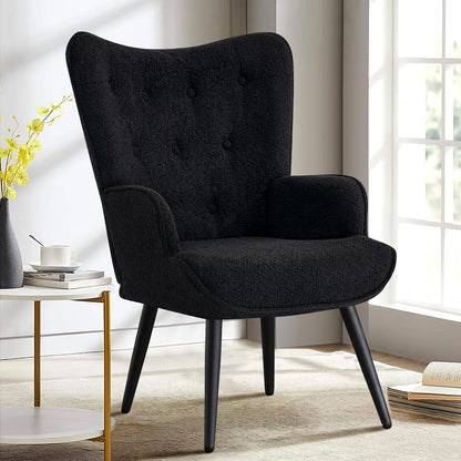 Furniliving Velvet Accent Chair Modern Upholstered Side Armchair with Tapered Legs Tufted Button Wingback Sofa Chairs Tall Back Reading for Living Room Bedroom Waiting Room, Black