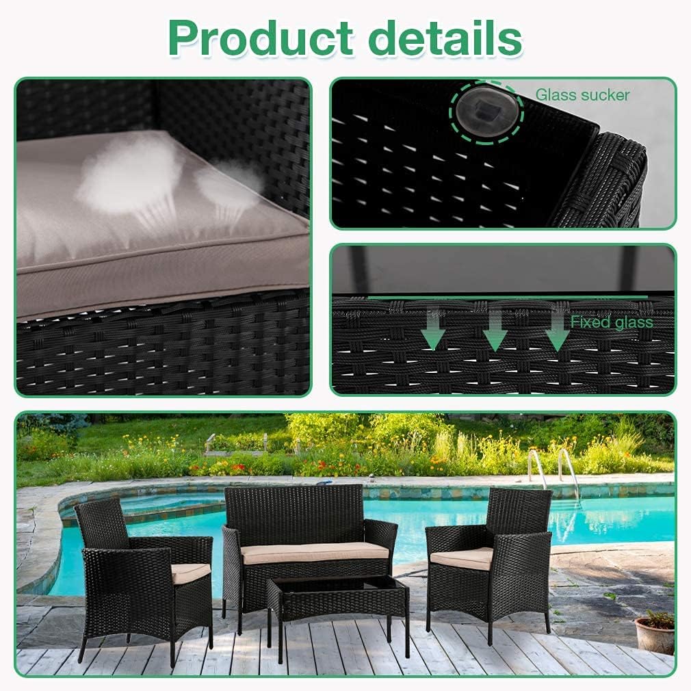 Outdoor Patio Furniture Sets 4 Pieces Patio Set Rattan Chair Wicker Sofa Conversation Set Patio Chair for Backyard Lawn Porch Poolside Balcony Garden Furniture Sets with Coffee Table (Black)