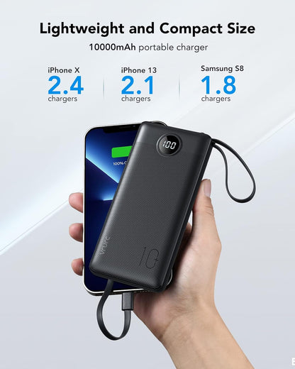 VRURC Power Bank 10000mAh with Built in Cables,VRURC USB C slim Portable Charger 5 Output & 2 Input LED Display External Battery Pack Chargers Compatible with iPhone,Samsung Cell Phones