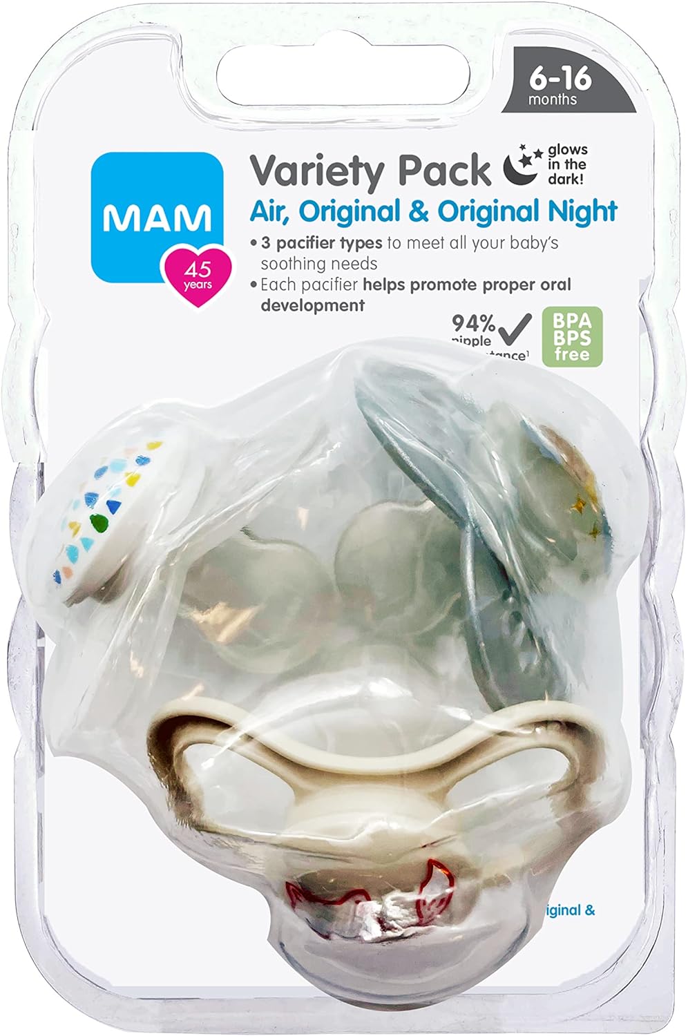 MAM Variety Pack Baby Pacifier, Includes 3 Types of Pacifiers, Shape Helps Promote Healthy Oral Development, 3 Pack, 6-16 Months, Girl