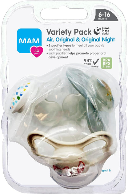 MAM Variety Pack Baby Pacifier, Includes 3 Types of Pacifiers, Shape Helps Promote Healthy Oral Development, 3 Pack, 6-16 Months, Girl