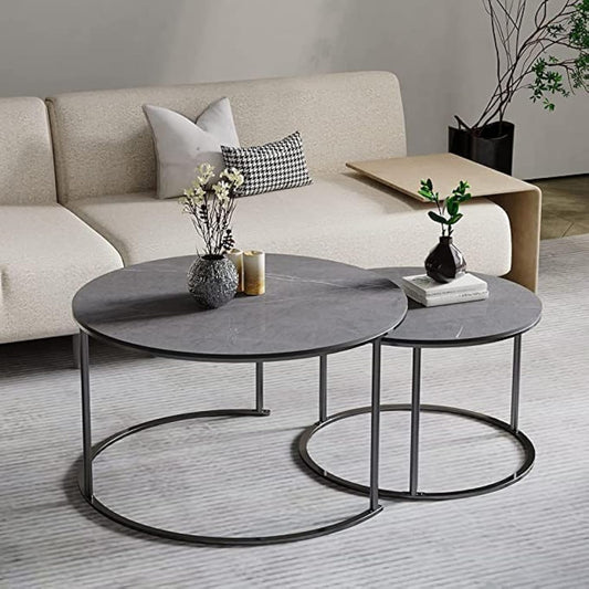 Wisfor Round Nesting Table Marble: Set of 2 Modern Low Tables Large 80cm Small 60cm Stone Top Plate Steel Legs Circle Center Accent Table Living Room Couch Furniture Decorative