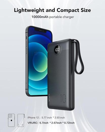 VRURC Power Bank 10000mAh with Built in Cables,VRURC USB C slim Portable Charger 5 Output & 2 Input LED Display External Battery Pack Chargers Compatible with iPhone,Samsung Cell Phones