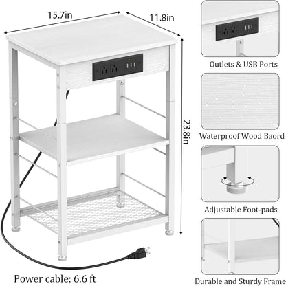 Nightstand with Charging Station End Table with USB Ports and Power Outlets Side Tables Bedroom with Storage Shelves Industrial End Table 3 Tier in Living Room Bedside, Brown