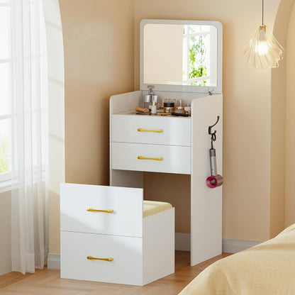 Farmhouse 3 in 1 Vanity Desk with Mirror, Small Makeup Vanity Set with Soft Light, Space-Saving Vanity Table with Storage Compartment and Padded Stool, Dressing Table for Bedroom, White