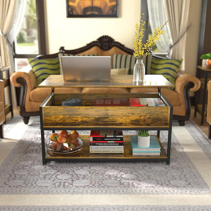 Lift Top Coffee Tables for Living Room, Industrial Wood Storage Shelf Cabinet for Living Room Reception Room Office Coffee Table with op-Up Storage, Open Shelf Rising Center/End Table for Living Room