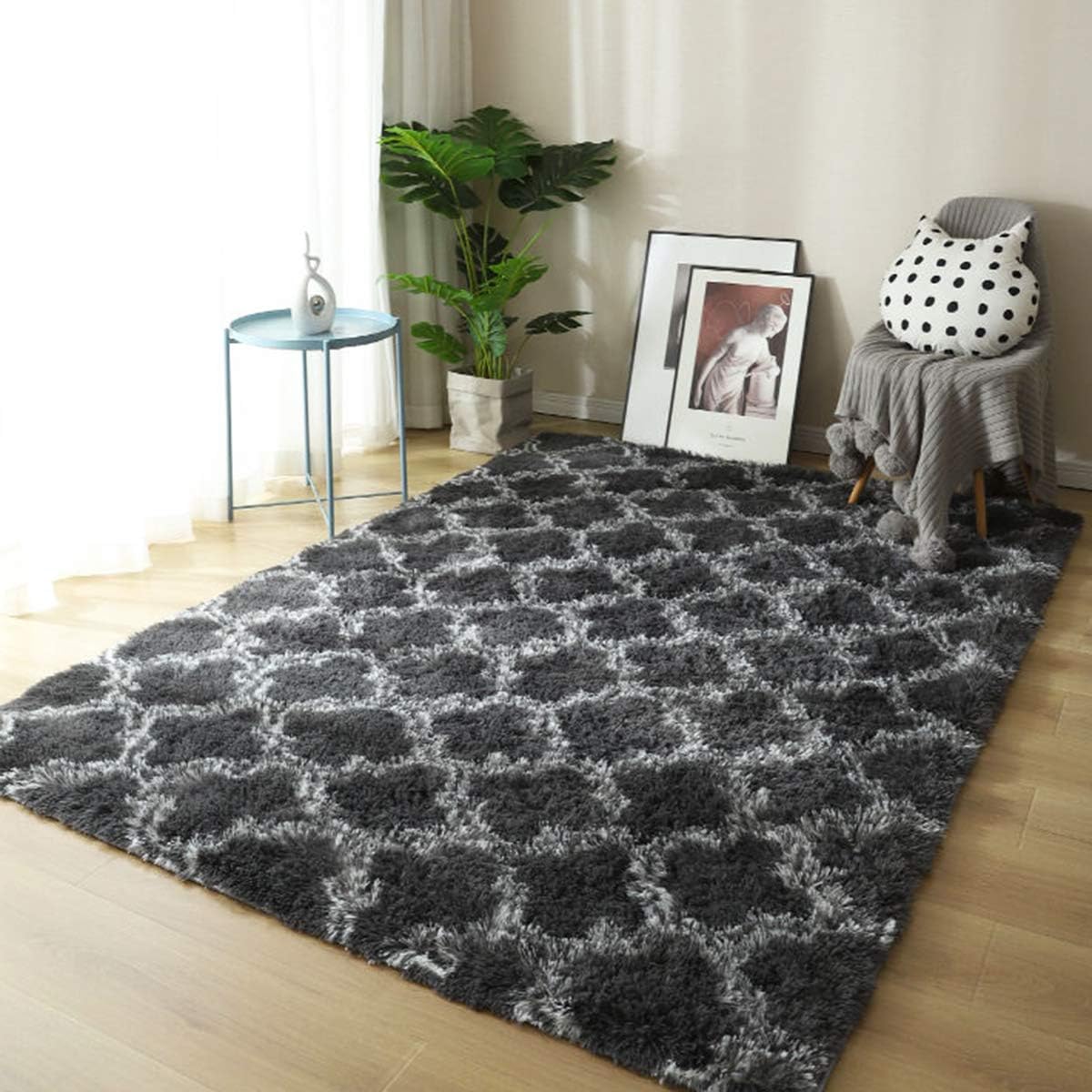 Tinyboy-hbq Area Rugs Shaggy Carpet for Living Room Bedroom Large Fluffy Carpet Modern Non-Slip Mat Multisize Rug Indoor Home Decor (Gray White, 80 x 120 cm)