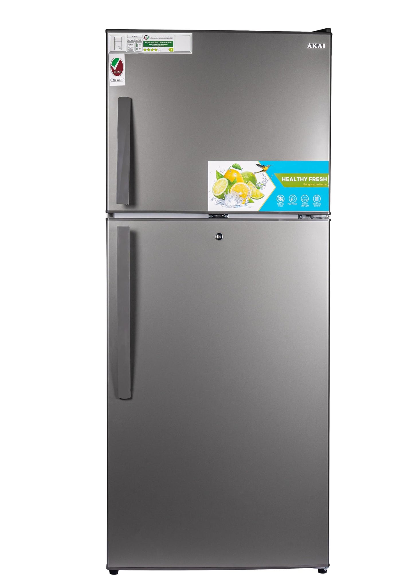 AKAI 335Liters Double Door Top Mount Free Standing Total No Frost Refrigerator Titanium Finish R600a Refrigerant 4 Stars ESMA Ratings One Year Warranty New Edition RFMA-S335WTA