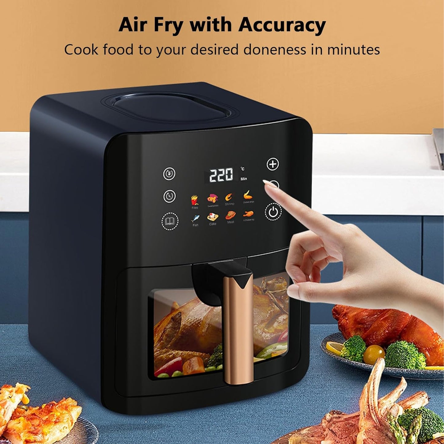 Air Fryer Large Capacity 8L with Oil-Free, Visible Cooking Window & Internal Light, with Led Touch Screen for 8-in-1 Functions, Space-Saving Slim Design And Customized Temp/Time