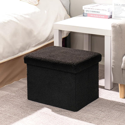 PINPLUS Storage Ottoman Foot Rest Stool, White Folding Sherpa Ottoman, Ottoman with Storage, Teddy Velvet Ottoman for Living Room, Bedroom, Dorm, 16.5" x 12.6" x 12.6"