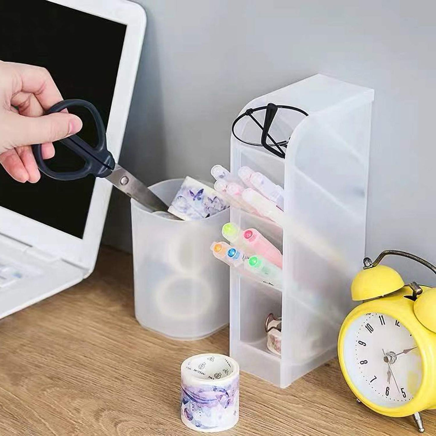 Marbrasse 3 Pcs Big Desk Organizer- Pen Organizer Storage for Office, School, Home Supplies, Translucent White Pen Storage Holder, High Capacity, Set of 3, 12 Compartments (White Big Pen Holder)