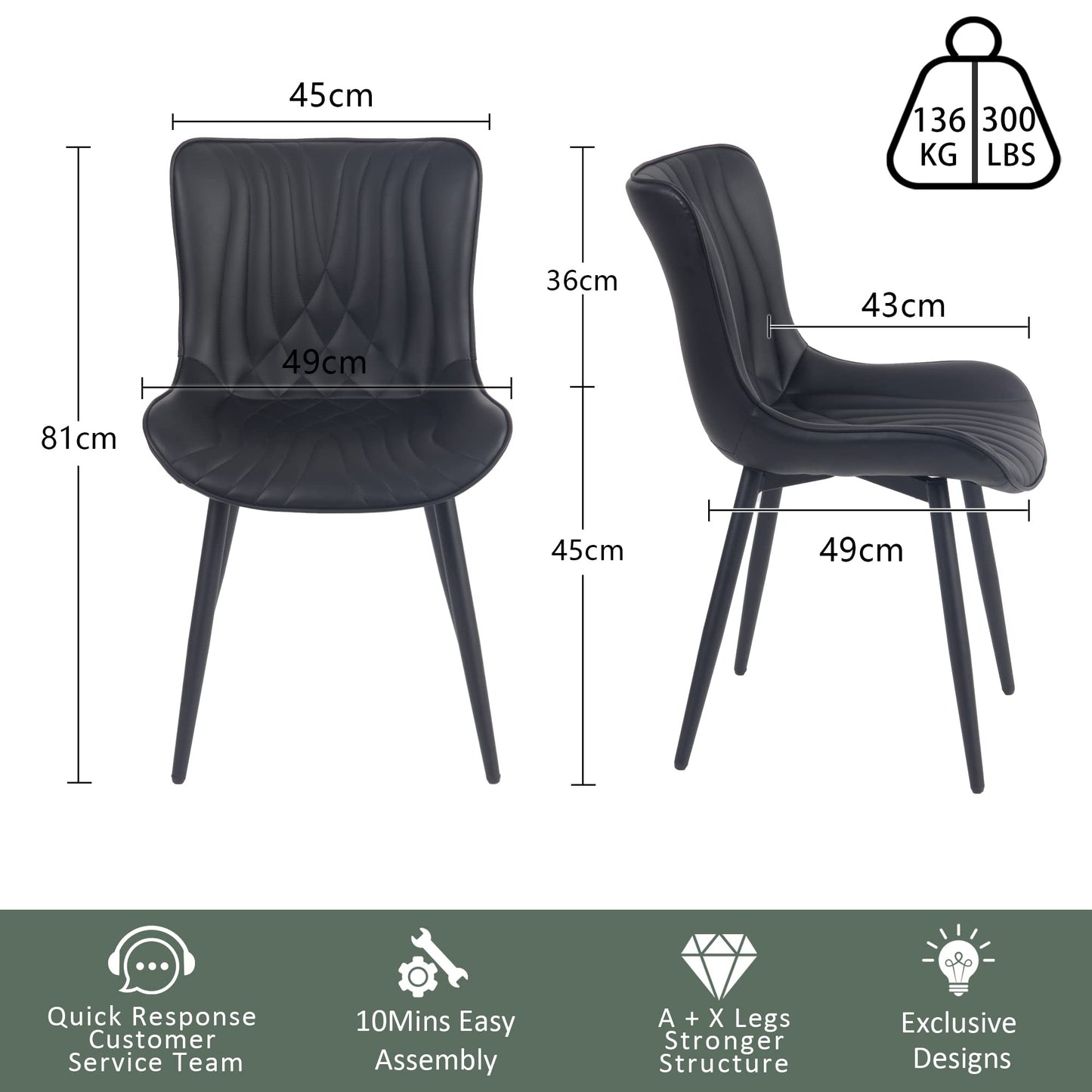 YOUTASTE Black Dining Chairs Set of 2 Faux Leather Upholstered Kitchen Dining Room Chairs Mid Century Modern Desk Chair Vanity Chair Study Chair Metal Legs High Back