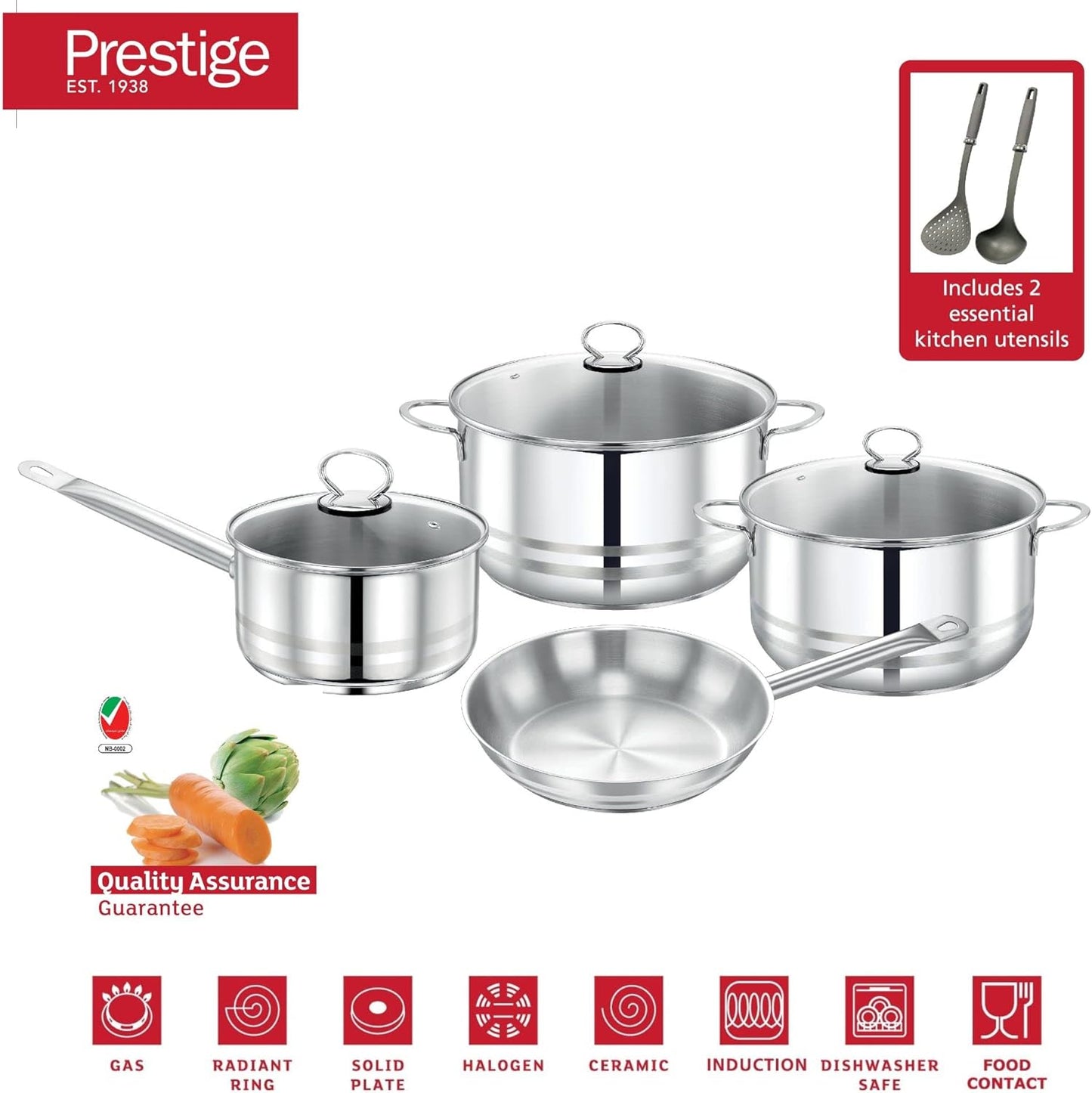 Prestige Stainless Steel 9Pc Cookware Set | Stainless Steel Cooking Set | Pots and Pans Set | stainless steel saucepan and Casserole with Glass Lid