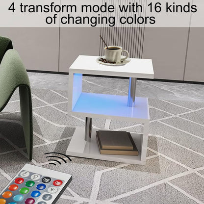 White Led Side Table Small Coffee Table For Living Room, High Gloss Shape Sofa End Table With Led Lights, 3 Tiers Sofa Side Table with Storage, Modern Home Furniture for Living Room and Bedroom