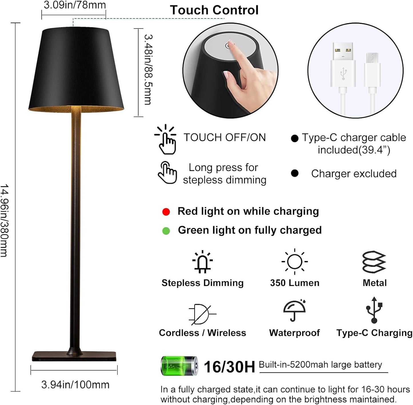 sunseatop Cordless Table Lamp,Rechargeable Black Desk lamp 5000mAh Battery Operated Table Light Metal Shell Touch Lamps for Bedrooms Restaurant Bars Party Camping Coffee Shop