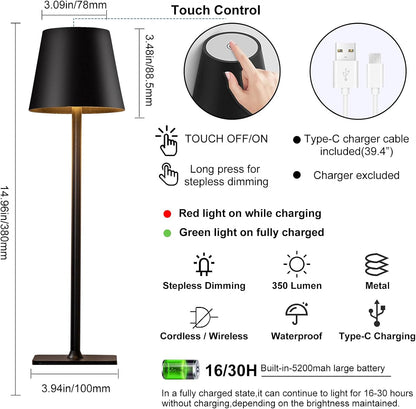 sunseatop Cordless Table Lamp,Rechargeable Black Desk lamp 5000mAh Battery Operated Table Light Metal Shell Touch Lamps for Bedrooms Restaurant Bars Party Camping Coffee Shop