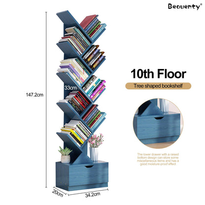 Beauenty Desktop Tree Bookshelf Display Storage Shelf 10 Tier, Wood Storage Rack Tree Bookcase With Drawer For Home School Book Magazine Office Study Table Bedroom (Style 2)