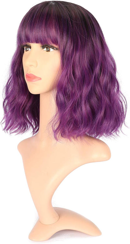 VCKOVCKO Ombre Color Natural Wavy Bob Wig With Air Bangs Short Bob Wigs Women's Shoulder Length Wigs Black to Pink Purple Curly Wavy Synthetic Cosplay for Girl Colorful Wigs(12",Black to WineRed)