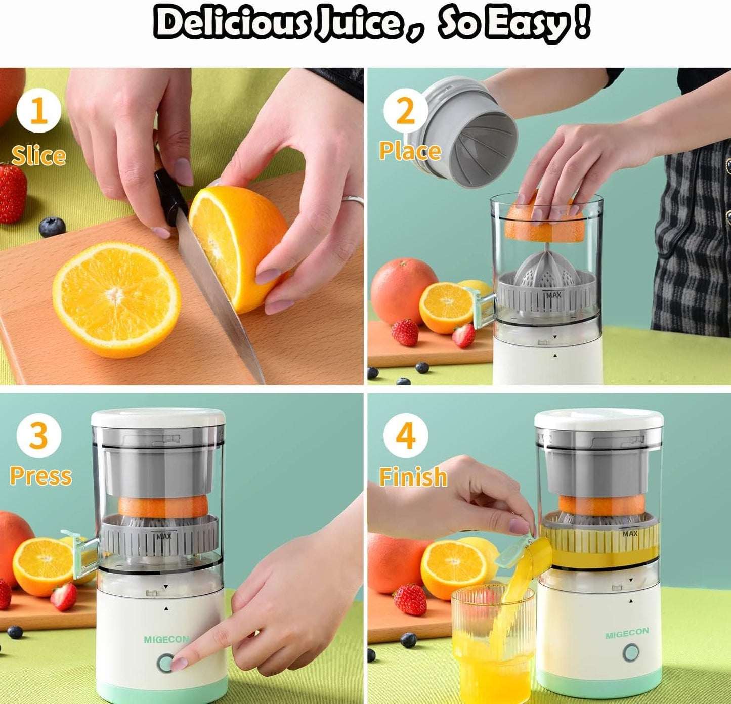 Migecon Citrus Juicer, Electric Orange Squeezer with Powerful Motor and USB Charging Cable, Juicer Extractor, Lime Suitable for Orange, Citrus, Apple, Grapefruit Pear. Greem ECQ01