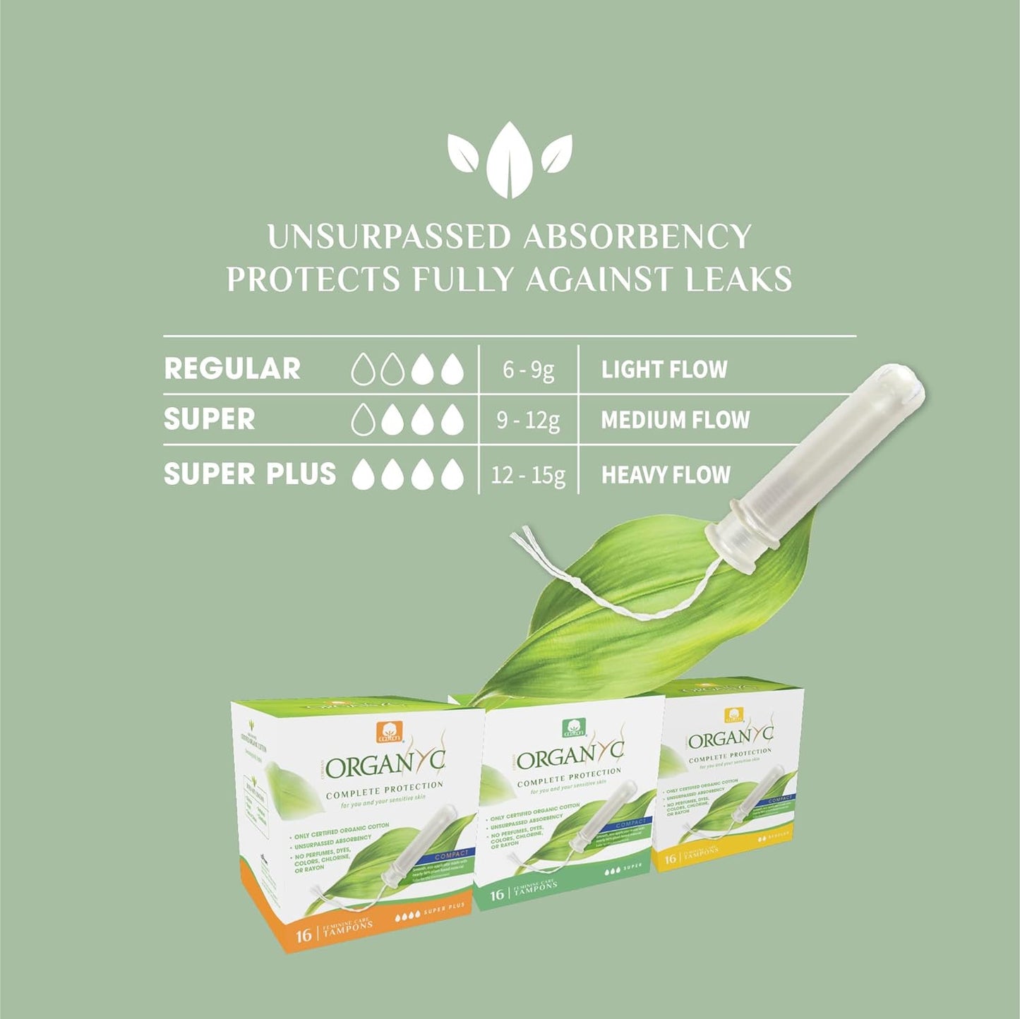 Organyc 100% Certified Organic Cotton Tampons, Plant-Based Eco-Applicator, Super Flow, White and Green, 16 Count