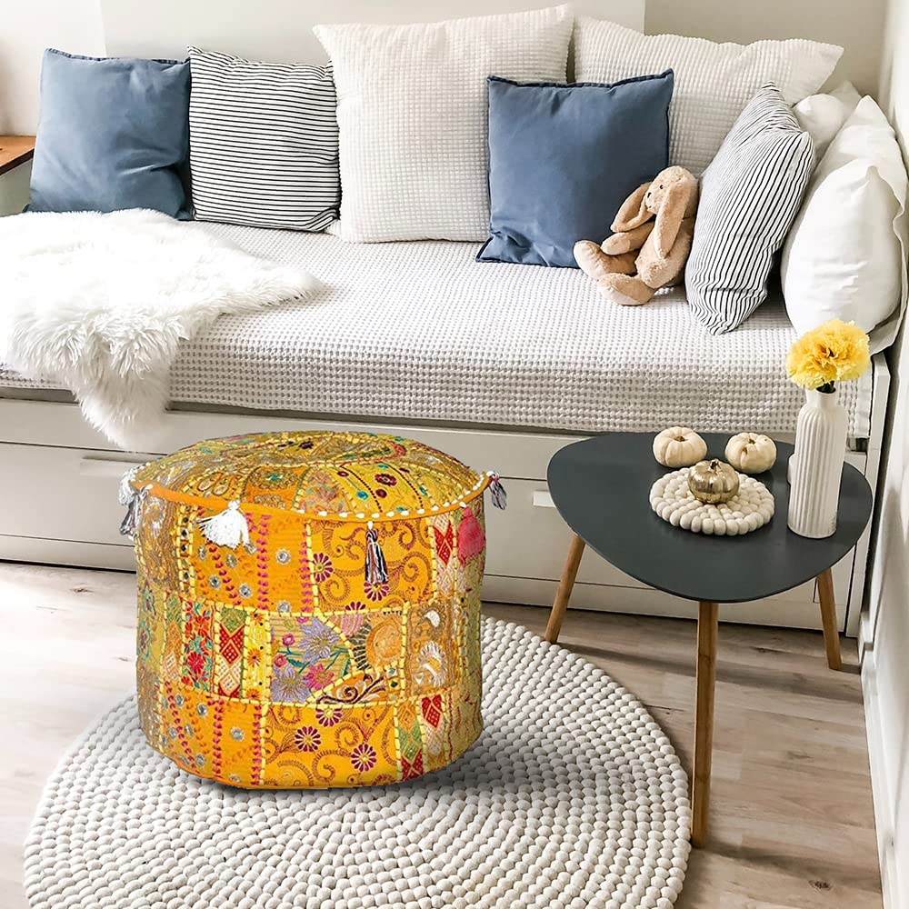 Aakriti Gallery Indian Pouf Footstool Ethnic Embroidered Pouf Cover, Indian Cotton Round Pouffe Ottoman Pouf Cover Pillow Ethnic Decor Art - Cover Only (Yellow, 18x13)