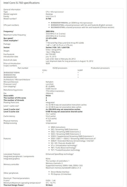Intel Core I5-760 I5 760 2.8 GHz Quad-Core Quad-Thread CPU Processor 8M 95W LGA 1156 NO FAN