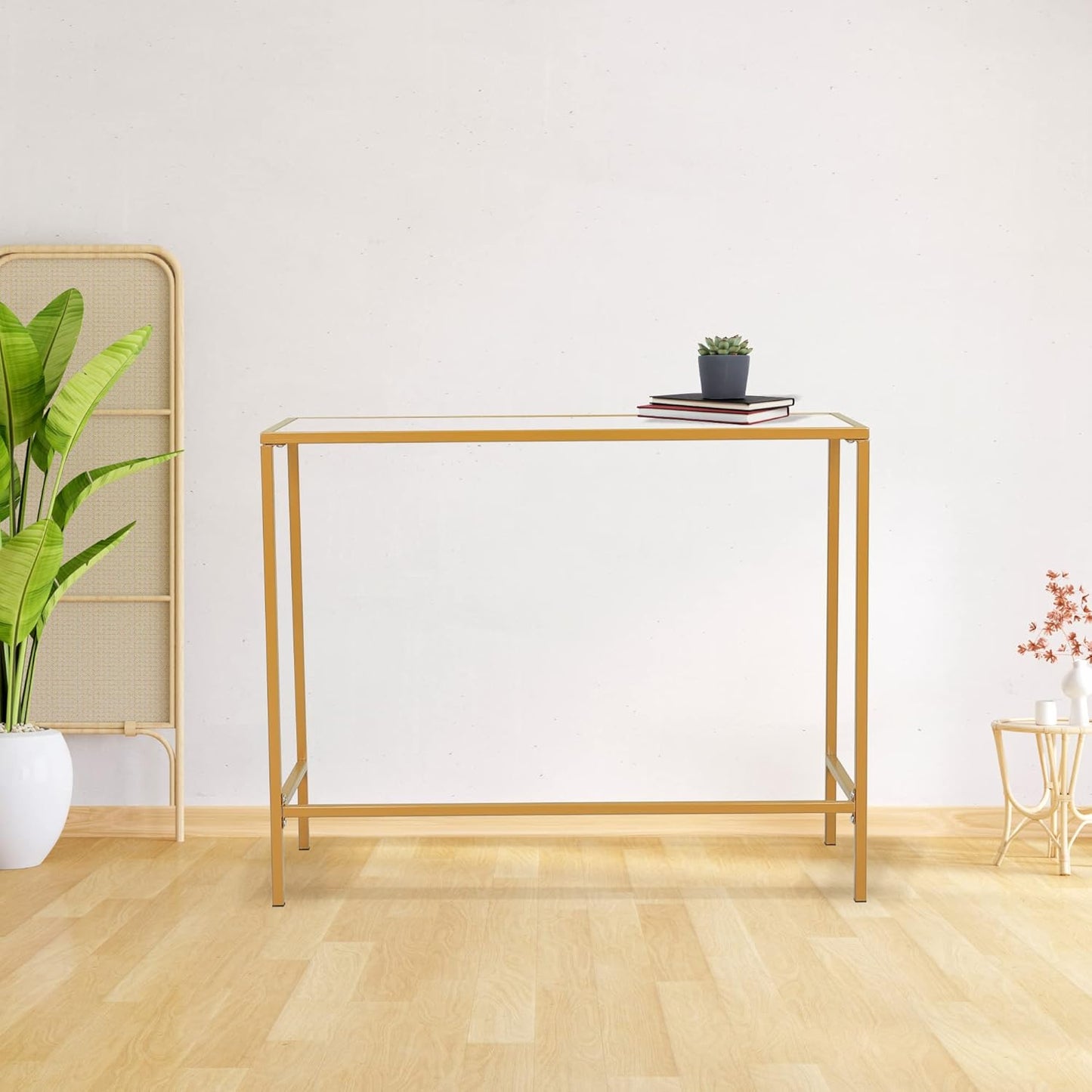 RIGID Console Table | Corner End Table with Stainless Steel Frame and Glass Top for Living Room, Office