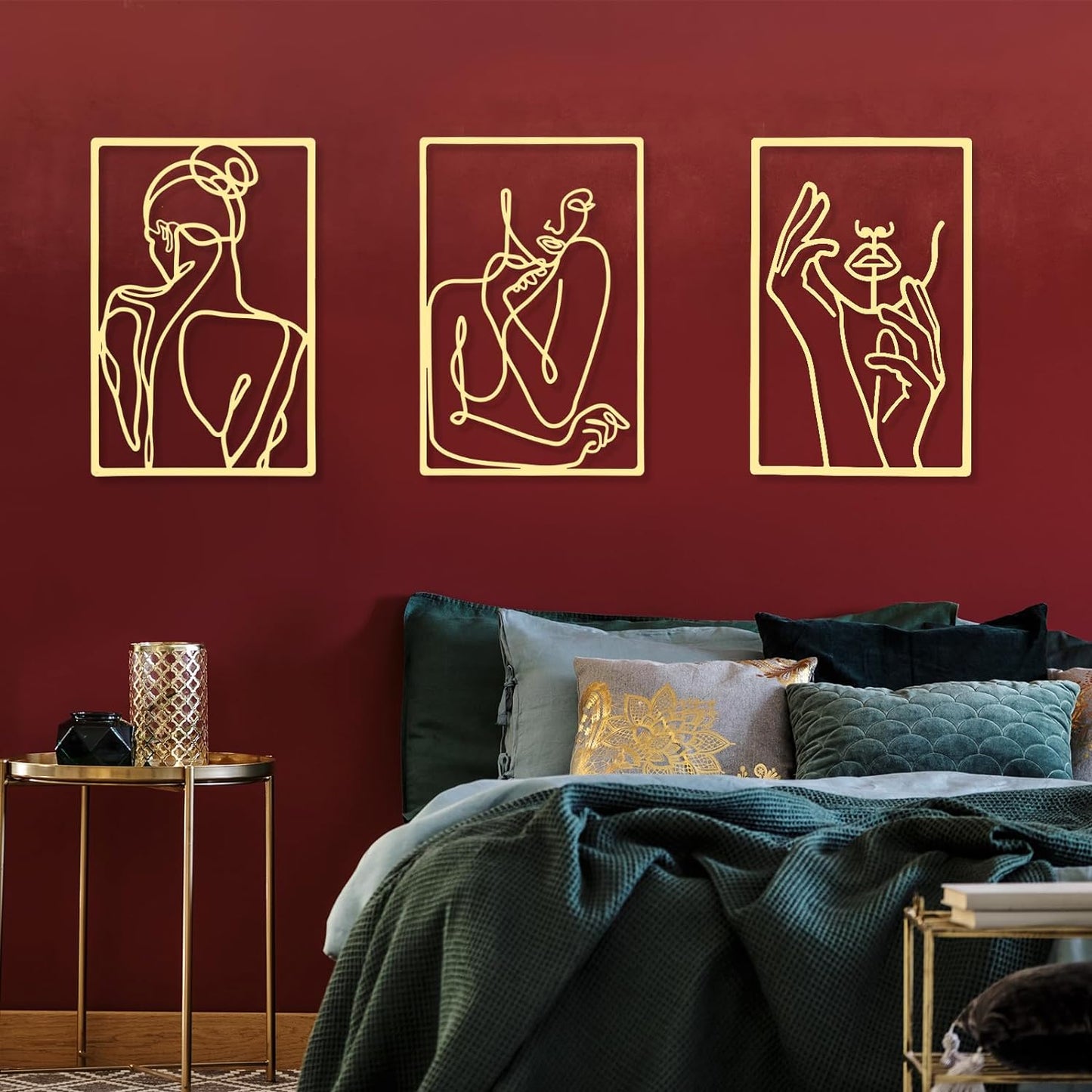 CHENGU 3 Pieces Metal Minimalist Abstract Woman Wall Art Line Drawing Wall Art Decor Single Line Female Home Hanging Wall Art Decor for Kitchen Bathroom Living Room (Black, Hand)