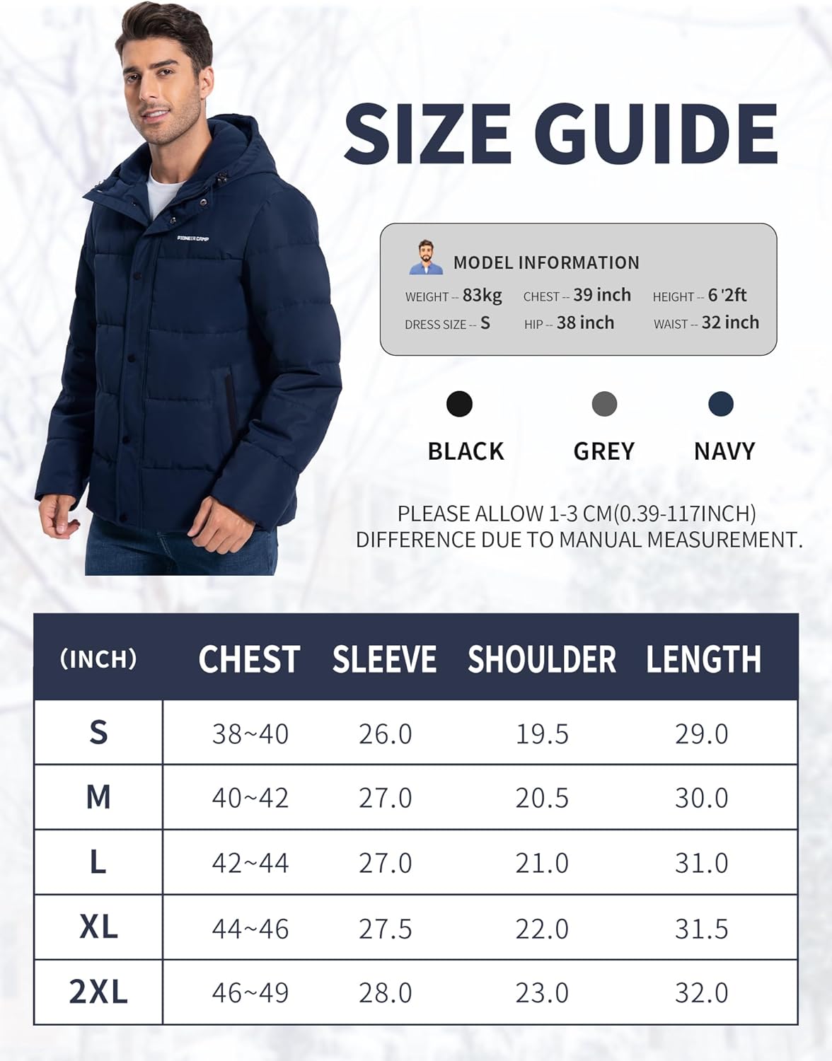 Pioneer Camp Men'S Winter Coats Warm Thicken Jacket Hooded Insulated Puffer Jackets Cotton Water Resistant Coat