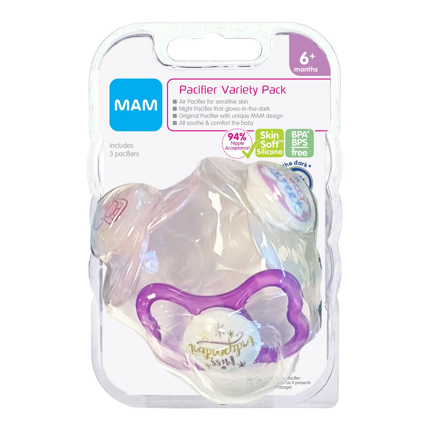 MAM Variety Pack Baby Pacifier, Includes 3 Types of Pacifiers, Shape Helps Promote Healthy Oral Development, 3 Pack, 6-16 Months, Girl