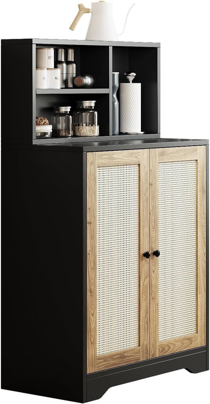 JASIWAY Sideboard - Kitchen Buffet Cabinet with Rattan Decorated Doors, Accent Sideboard Cabinet, Coffee Bar Cabinet Rattan Sideboard for Dining Room, Kitchen, Hallway, Black