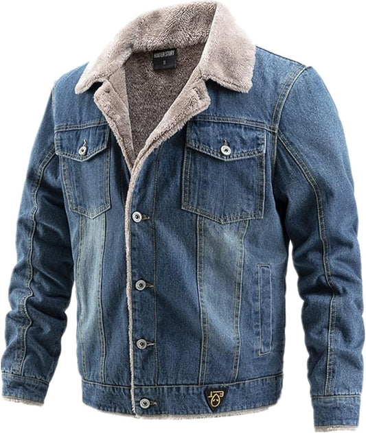 AMDMG Jacket Vintage Velvet Thick Denim Jacket Men Casual Lapel Cotton Jeans Jacket Men Fur Collar Warm Winter Mens Jackets And Coats (Color : DarkBlue, Size : XXL)