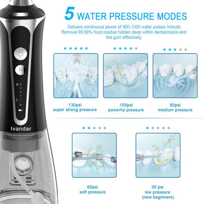 Dental Flosser, Oral Irrigator for Teeth with 5 Pressure Level, 6 Replaceable Jet Tips,IPX7 Waterproof, Portable,and Rechargeable Teeth Cleaner for Home&Travel -330ml Detachable Reservoir-White