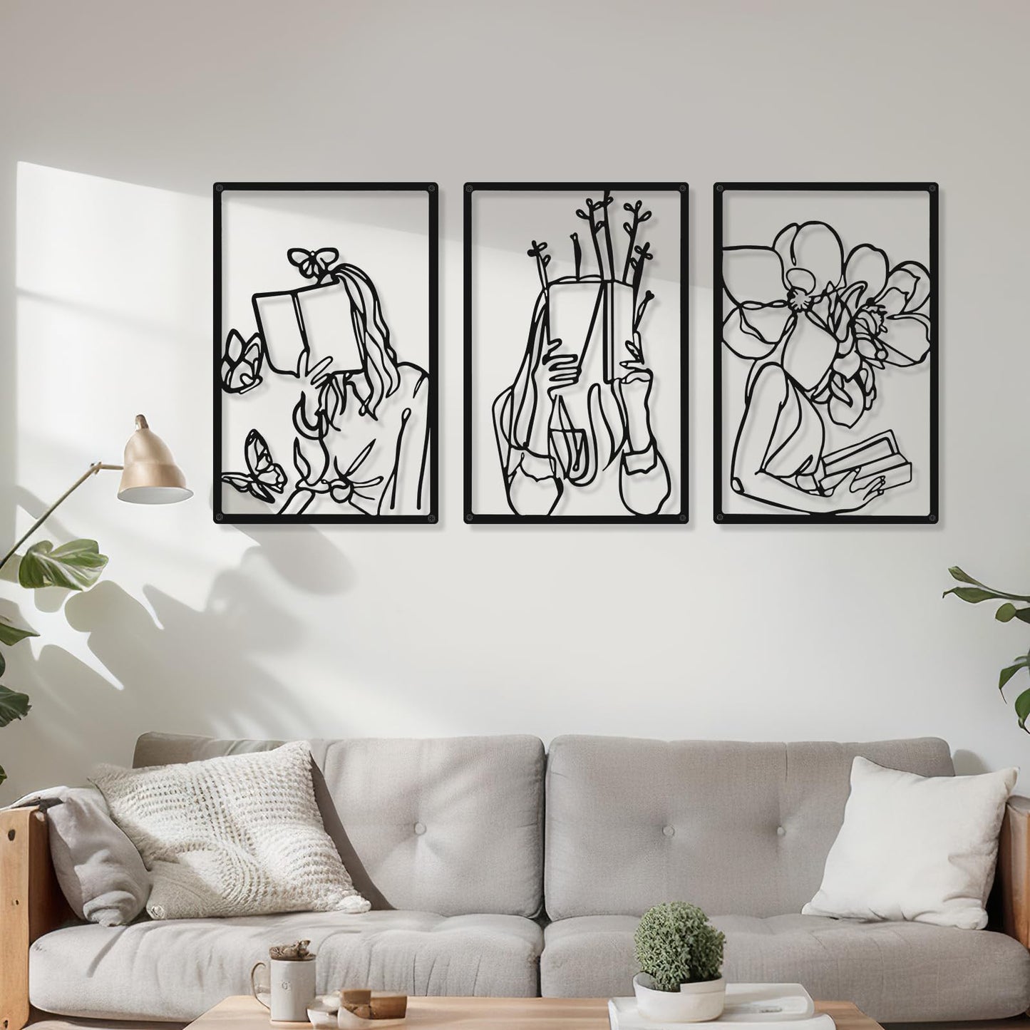 CHENGU 3 Pieces Metal Minimalist Abstract Woman Wall Art Line Drawing Wall Art Decor Single Line Female Home Hanging Wall Art Decor for Kitchen Bathroom Living Room (Black, Hand)