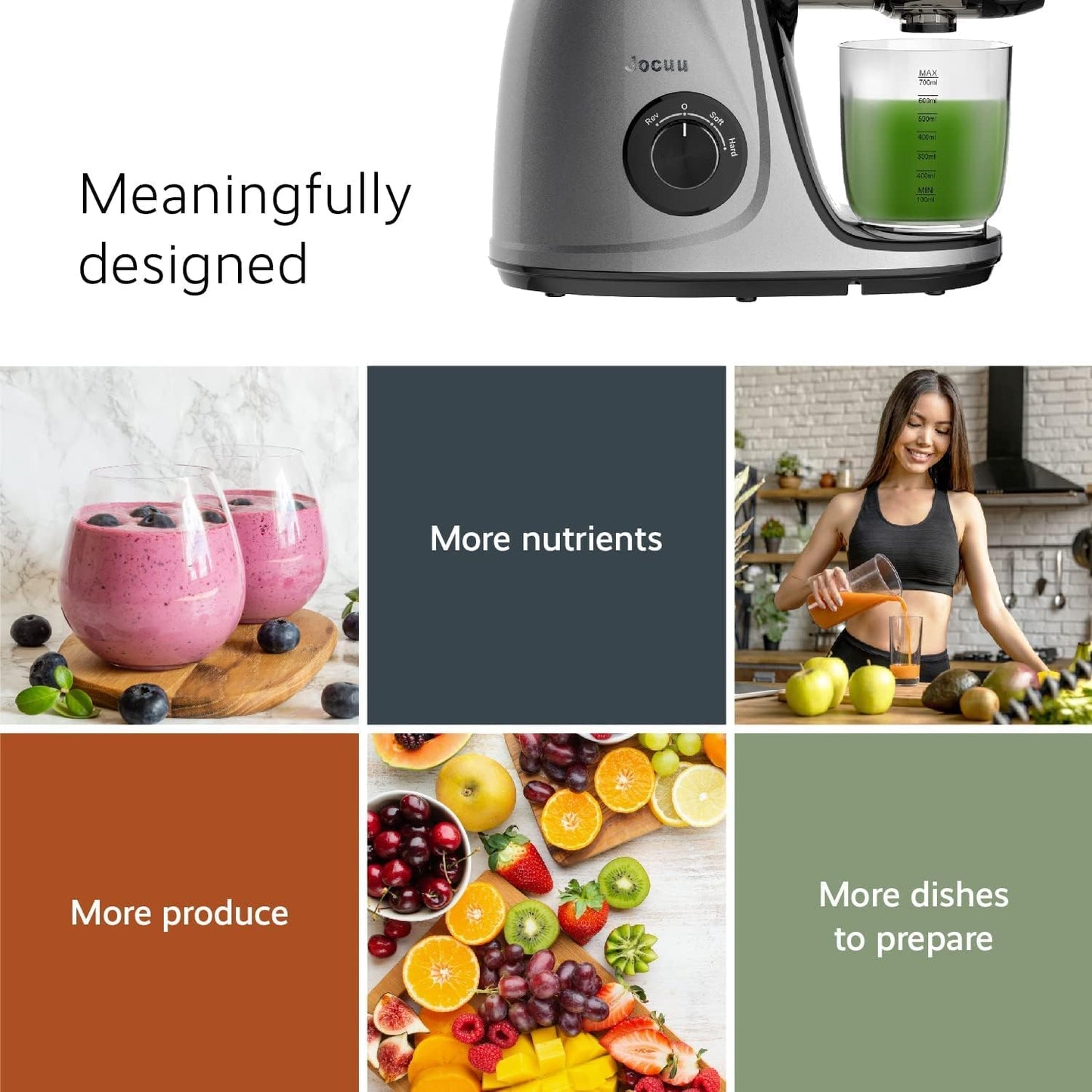 Jocuu Slow Masticating Juicer with Soft/Hard Modes Easy to Clean Quiet Motor & Reverse Function, Cold Press Juicer for Fruit & Vegetable, 90% Juice Yield, with Brush & Recipes (Gray)