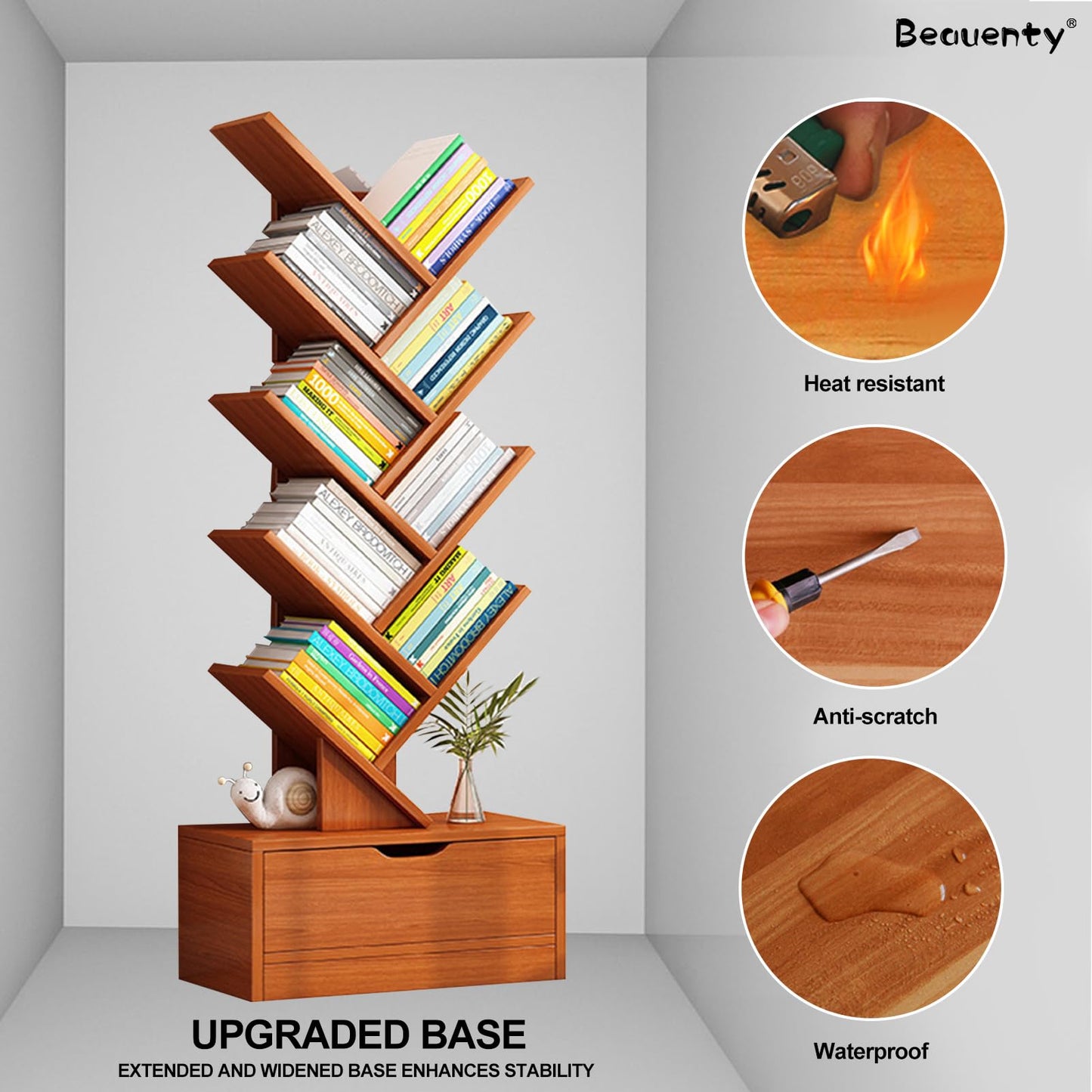 Beauenty Desktop Tree Bookshelf Display Storage Shelf 10 Tier, Wood Storage Rack Tree Bookcase With Drawer For Home School Book Magazine Office Study Table Bedroom (Style 2)