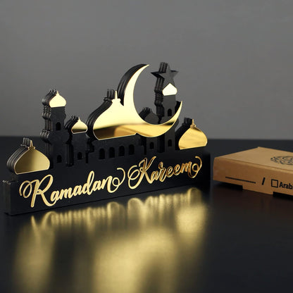 E World | Wooden Acrylic Islamic Tabletop Decors | Ramadan Kareem and Eid Mubarak Decoration | Islamic Muslim Gifts | Ramadan Eid Decoration | (Ramadan Kareem-1, Gold)