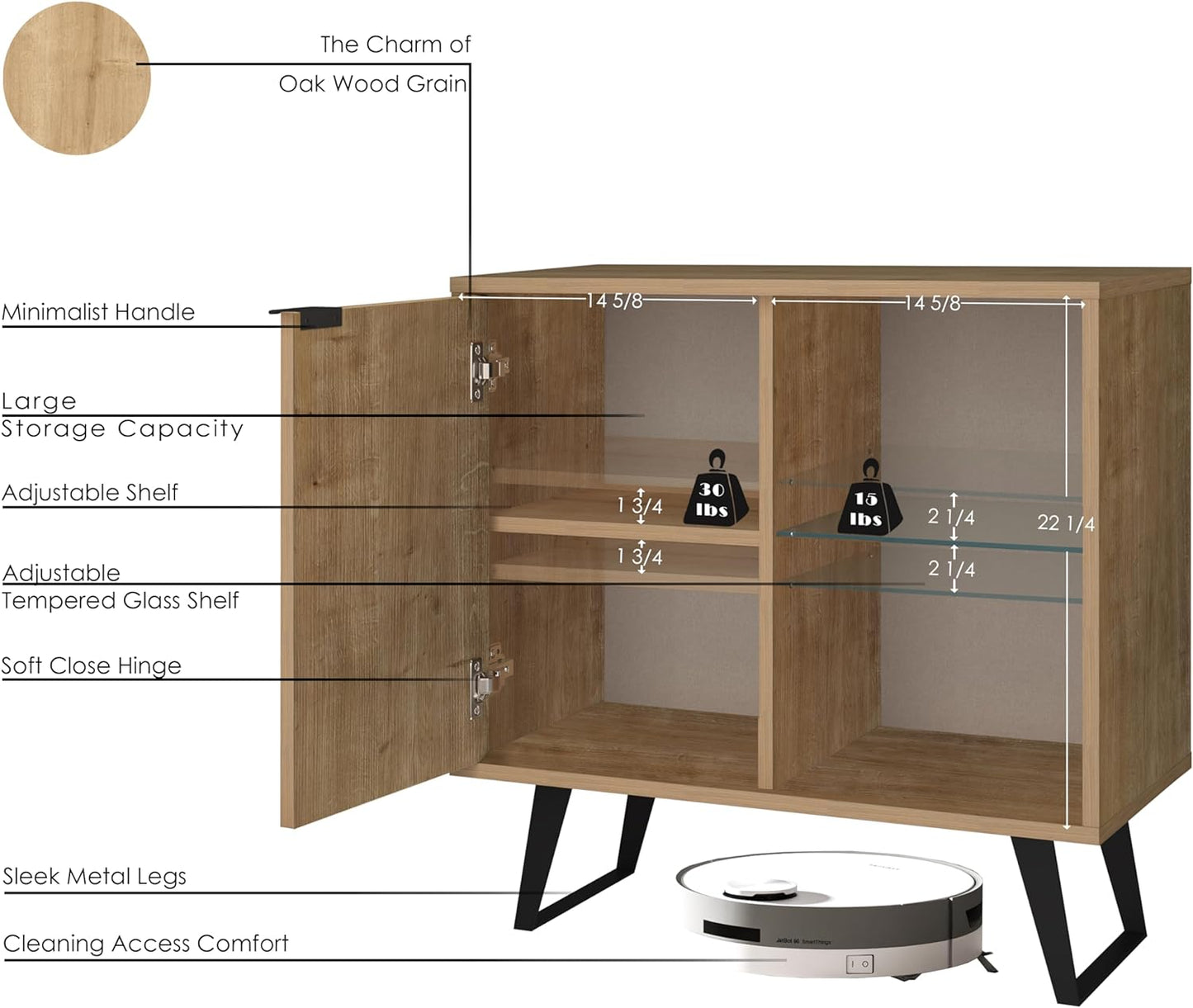 Atelier Mobili Sideboard Buffet, Kitchen Storage Cabinet with Adjustable Glass Shelf, Modern Dining Room Credenza, Hallway Decor Console, Liquor and Accent Cabinet (Oak, 1 Piece)