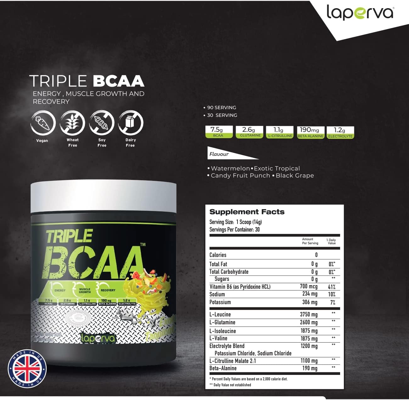 Laperva Post Work Out Diet Supplement Triple Bcaa 0 Fat, 0 Carbs And 0 Sugar Amino Glutamine For Energy Booster And Muscle Recovery Water Melon, 420 Gm