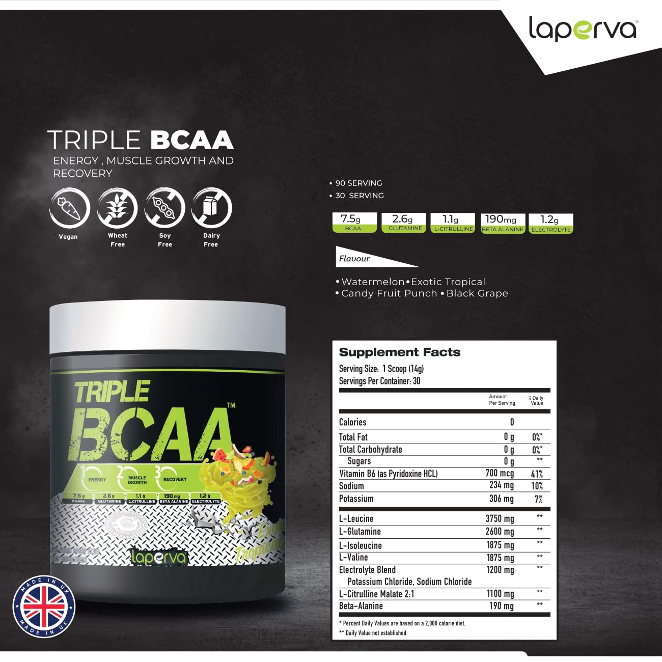 Laperva Post Work Out Diet Supplement Triple Bcaa 0 Fat, 0 Carbs And 0 Sugar Amino Glutamine For Energy Booster And Muscle Recovery Water Melon, 420 Gm