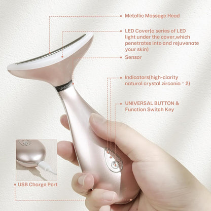 VRAIKO LILY Neck Face Massager, Face Sculpting tool, Skin Rejuvenation Device with Thermal, Triple Action LED and Vibration, for Anti-aging, Lifting and Tightening Sagging Skin (Pearl White)