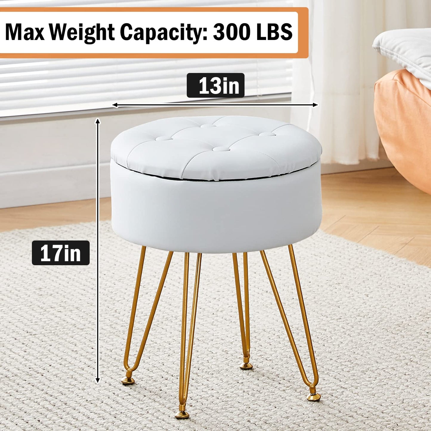 Cpintltr Faux Leather Storage Ottoman Round Footrest Stool Multifunctional Upholstered Ottoman with Metal Legs Modern Vanity Stools Tray Top Coffee Table Suitable for Living Room Bedroom Black