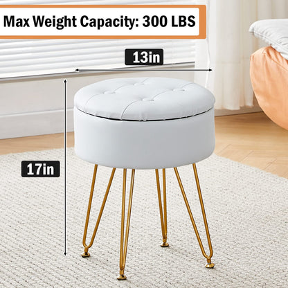 Cpintltr Faux Leather Storage Ottoman Round Footrest Stool Multifunctional Upholstered Ottoman with Metal Legs Modern Vanity Stools Tray Top Coffee Table Suitable for Living Room Bedroom Black