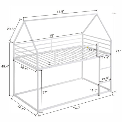 Lostcat Twin Over Twin Low Bunk Bed, House Bed for Kids, House-Shaped Solid Pine Wood Bed Frame w/Safety Guardrail & Ladder, No Box Spring Needed, for Girls, Boys - White